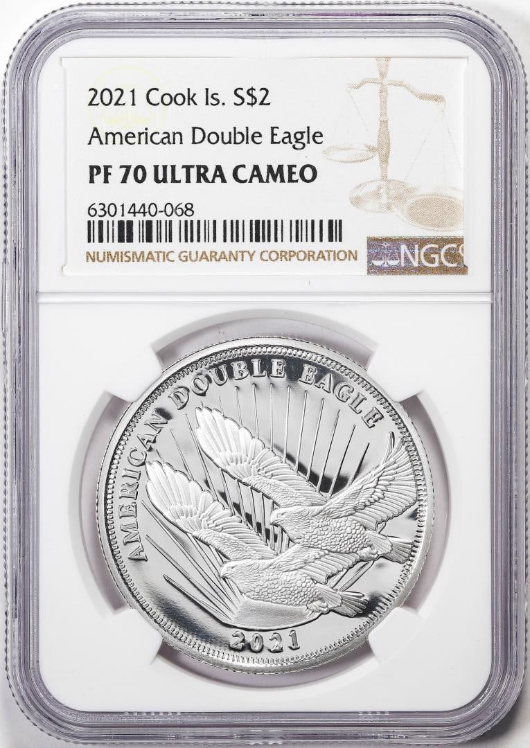 2021 Cook Islands $2 Proof American Double Silver Eagle Coin NGC PF70 Ultra Cameo: One 2021 Cook Islands $2 Proof American Double Silver Eagle Coin NGC PF70 Ultra Cameo. NGC Certified.