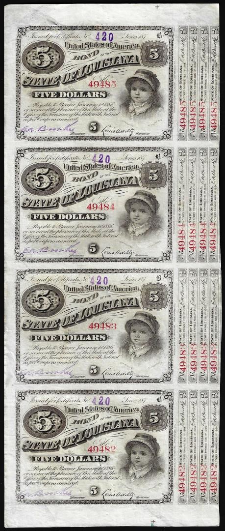 033: Uncut Sheet of (4) State of Louisiana Baby Bond Obsolete Notes: One Uncut Sheet of (4) State of Louisiana Baby Bond Obsolete Notes.