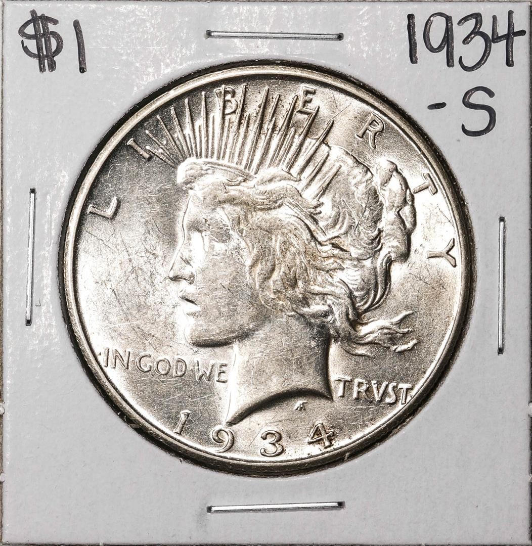 1934-S $1 Peace Silver Dollar Coin: One 1934-S $1 Peace Silver Dollar Coin.