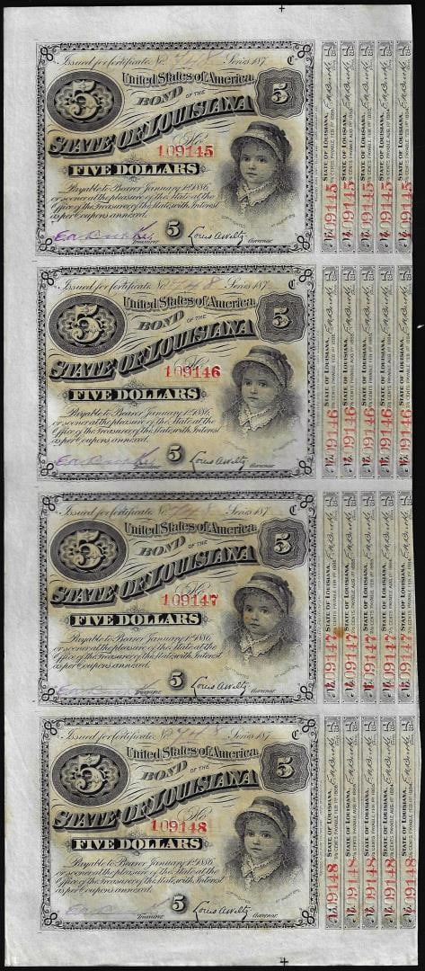 Uncut Sheet of (4) State of Louisiana Baby Bond Obsolete Notes: One Uncut Sheet of (4) State of Louisiana Baby Bond Obsolete Notes.