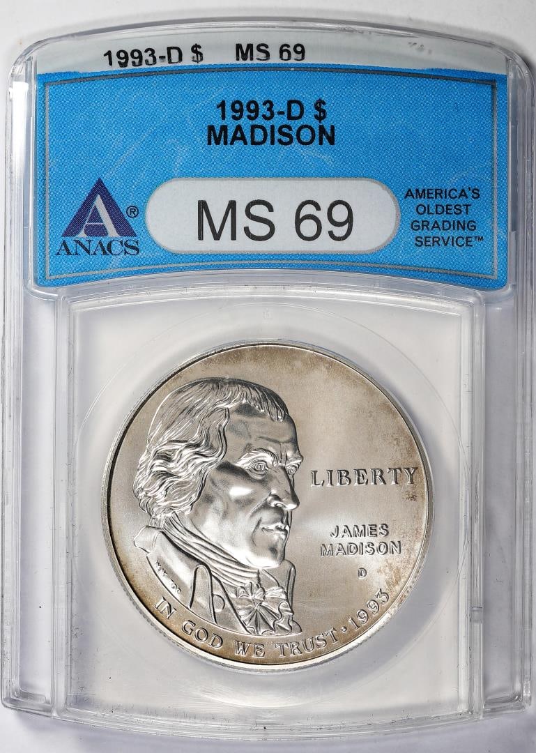 1993-D $1 James Madison Commemorative Silver Dollar Coin ANACS MS69: One 1993-D $1 James Madison Commemorative Silver Dollar Coin ANACS MS69. ANACS Certified.