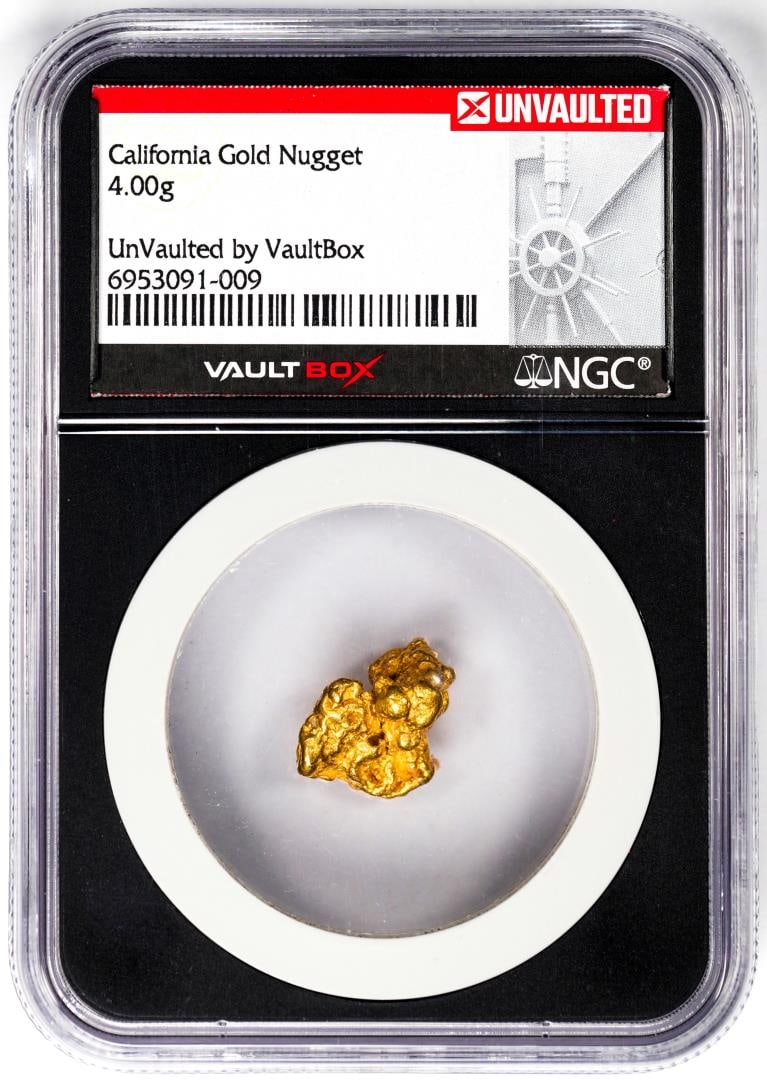 010: 4.00 Gram California Gold Nugget NGC Vaultbox Unvaulted: One 4.00 Gram California Gold Nugget NGC Vaultbox Unvaulted. NGC Certified.