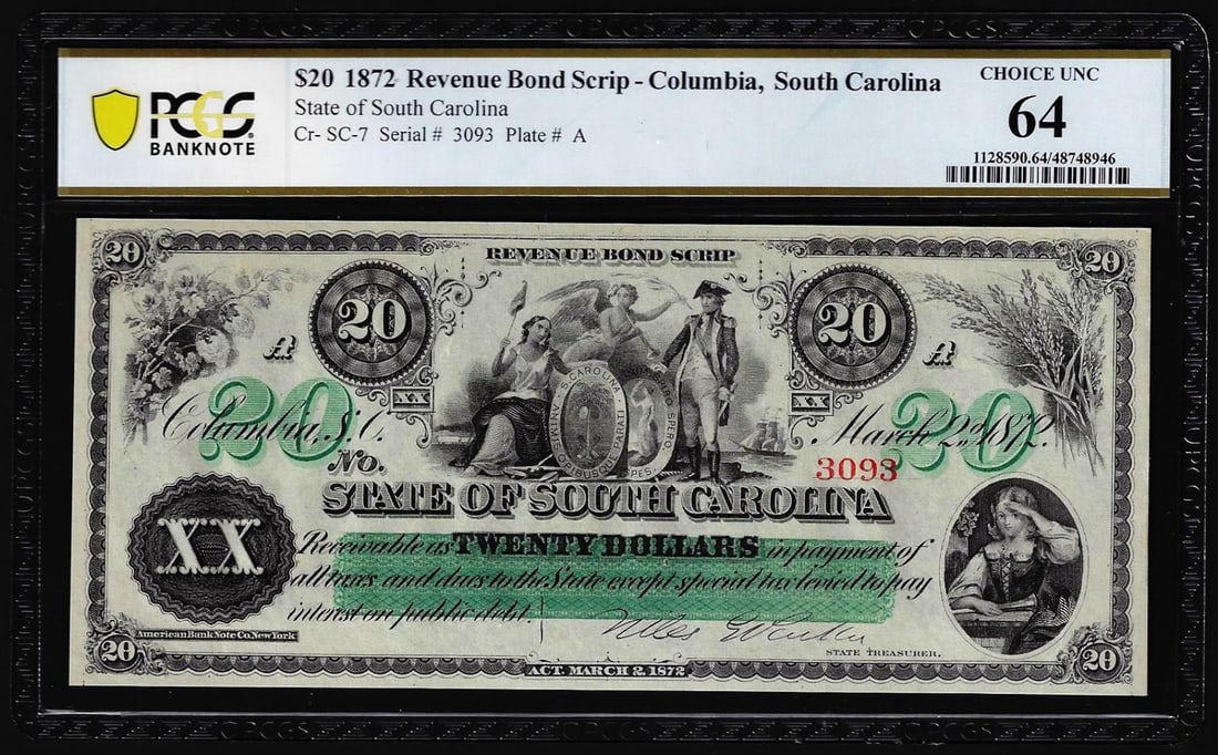 037: 1872 $20 State of South Carolina Revenue Bond Scrip Obsolete Note PCGS Choice Unc 64: One 1872 $20 State of South Carolina Revenue Bond Scrip Obsolete Note PCGS Choice Unc 64. PCGS Graded.