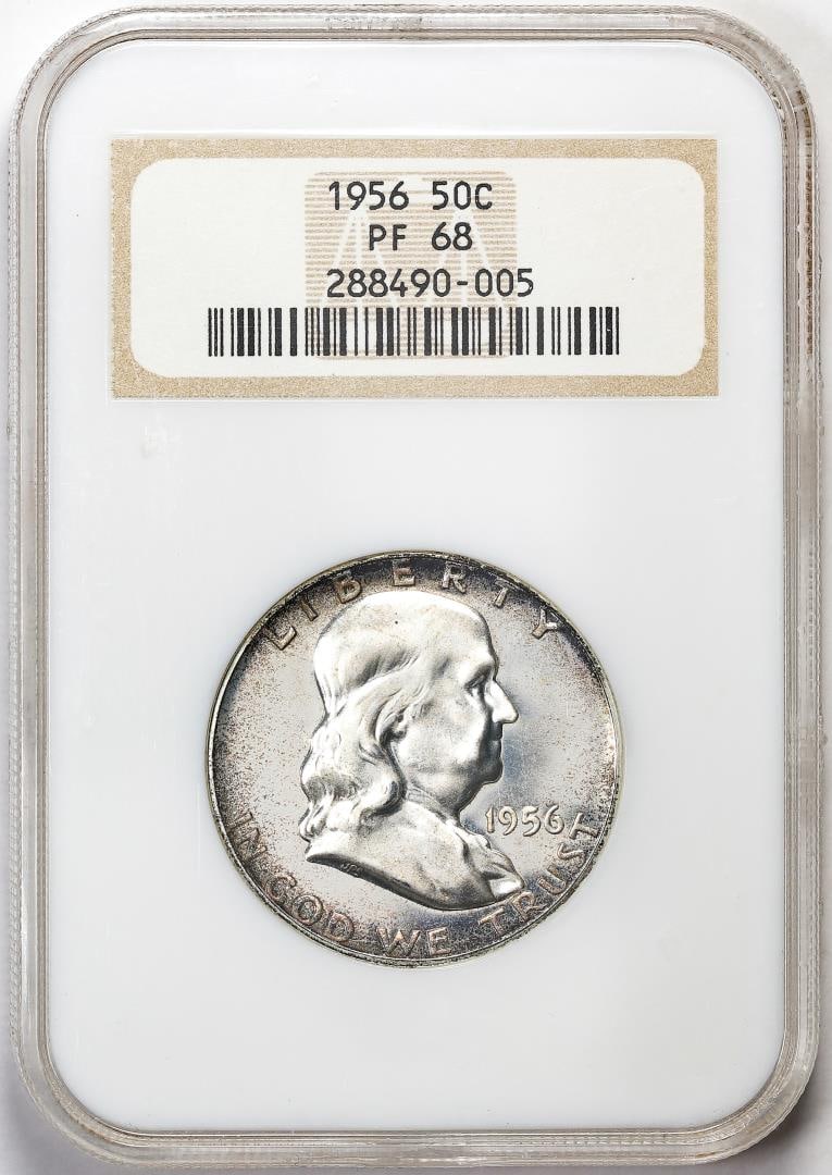 058: 1956 Proof Franklin Half Dollar Coin NGC PF68 Old Fatty Holder: One 1956 Proof Franklin Half Dollar Coin NGC PF68 Old Fatty Holder. NGC Certified.