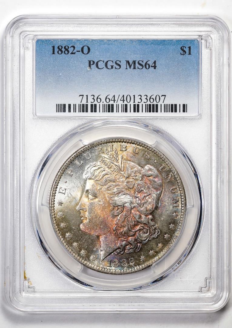 090: 1882-O $1 Morgan Silver Dollar Coin PCGS MS64 Amazing Toning: One 1882-O $1 Morgan Silver Dollar Coin PCGS MS64 Amazing Toning. PCGS Graded.