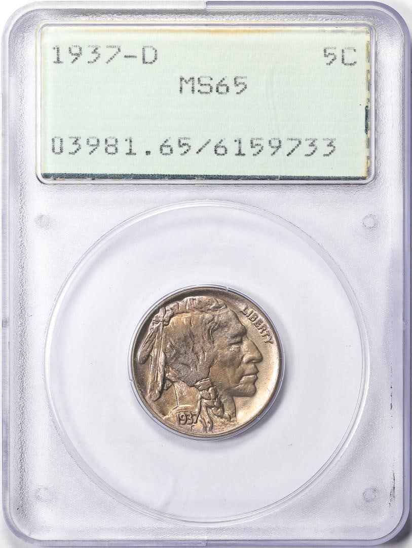 1937-D Buffalo Nickel Coin PCGS MS65 Old Green Rattler: One 1937-D Buffalo Nickel Coin PCGS MS65 Old Green Rattler. PCGS Graded.