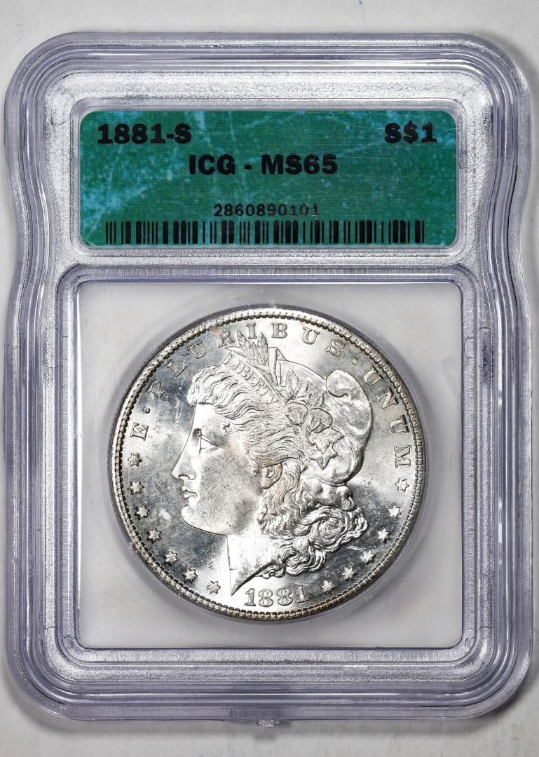 1881-S $1 Morgan Silver Dollar Coin ICG MS65: One 1881-S $1 Morgan Silver Dollar Coin ICG MS65. ICG Certified.