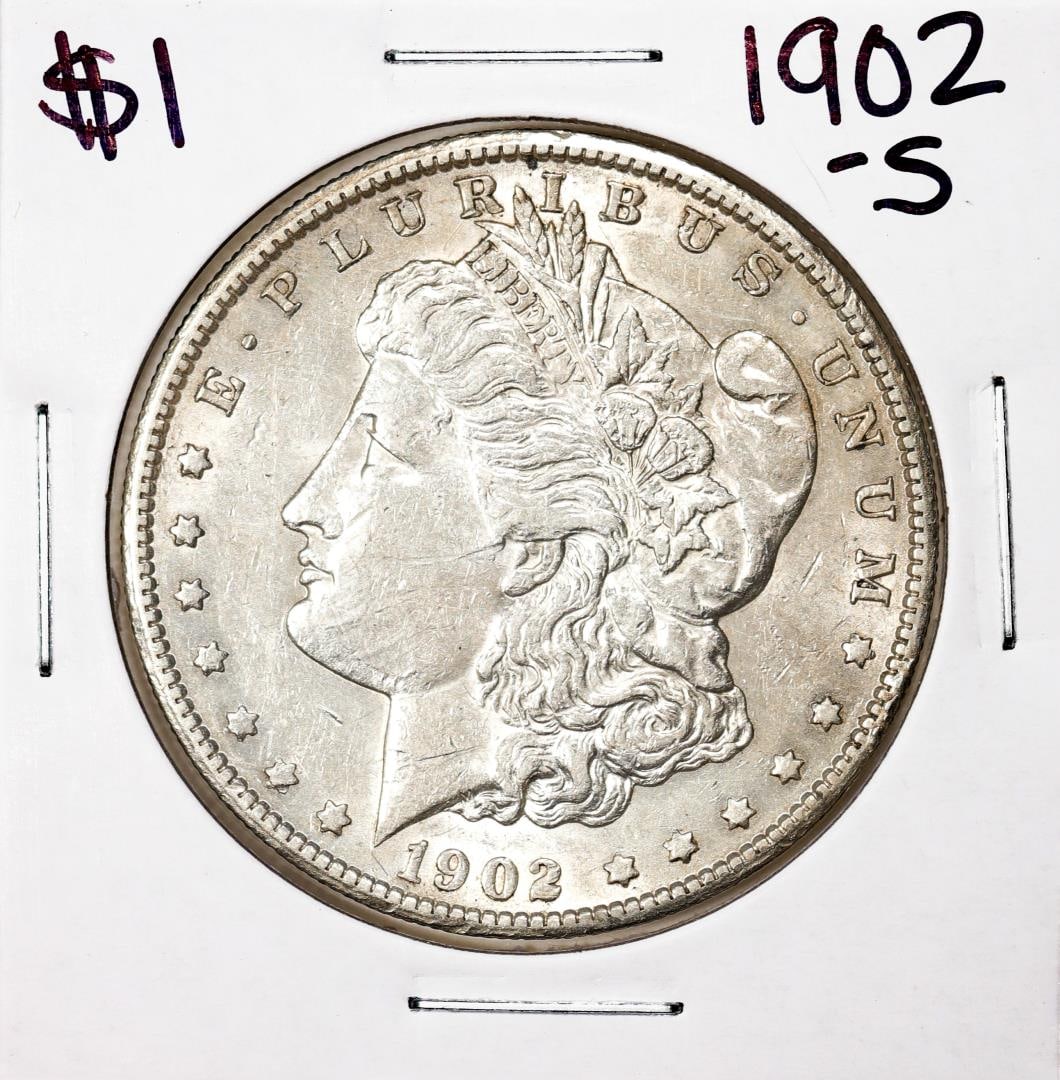 1902-S $1 Morgan Silver Dollar Coin: One 1902-S $1 Morgan Silver Dollar Coin.
