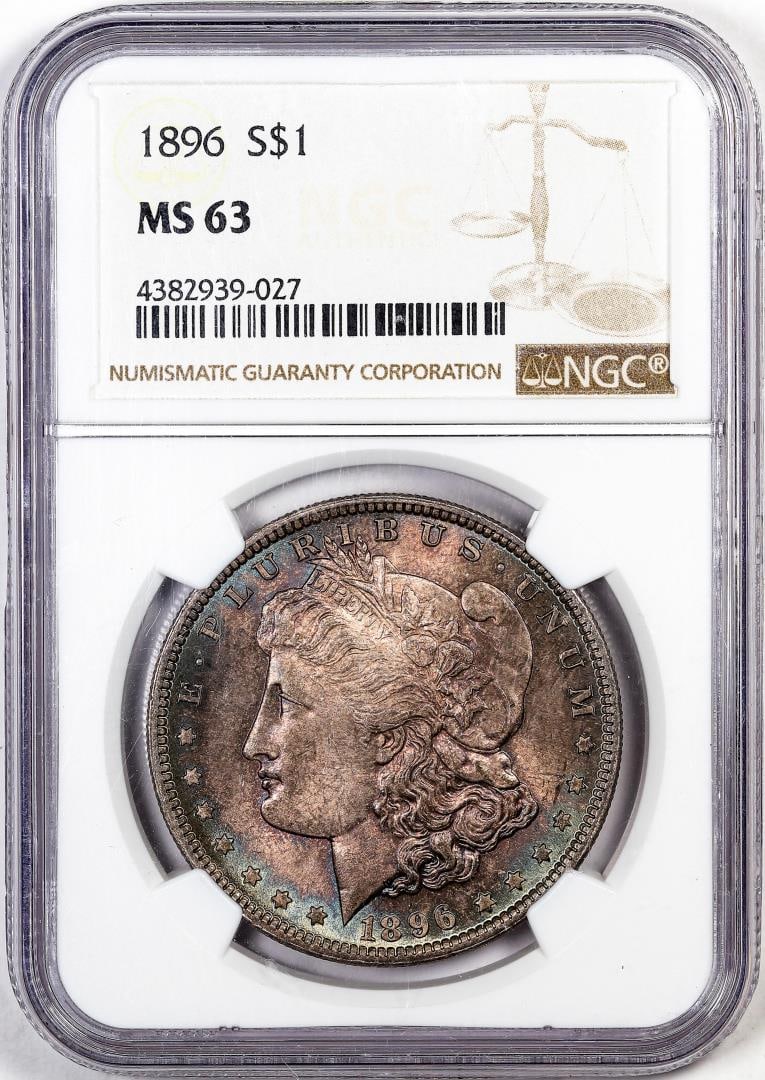 1896 $1 Morgan Silver Dollar Coin NGC MS63 Great Toning: One 1896 $1 Morgan Silver Dollar Coin NGC MS63 Great Toning. NGC Certified.