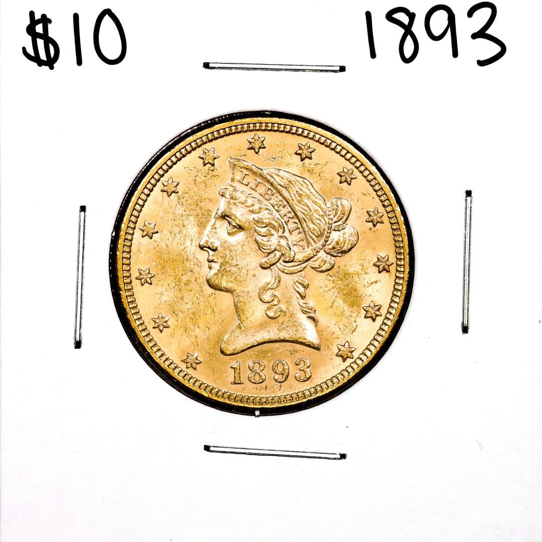 1893 $10 Liberty Head Eagle Gold Coin: One 1893 $10 Liberty Head Eagle Gold Coin.