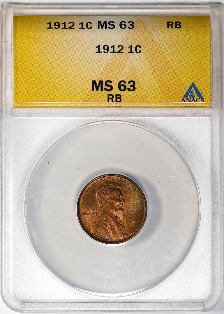 1912 Lincoln Wheat Cent Coin ANACS MS63RB: One 1912 Lincoln Wheat Cent Coin ANACS MS63RB. ANACS Certified.