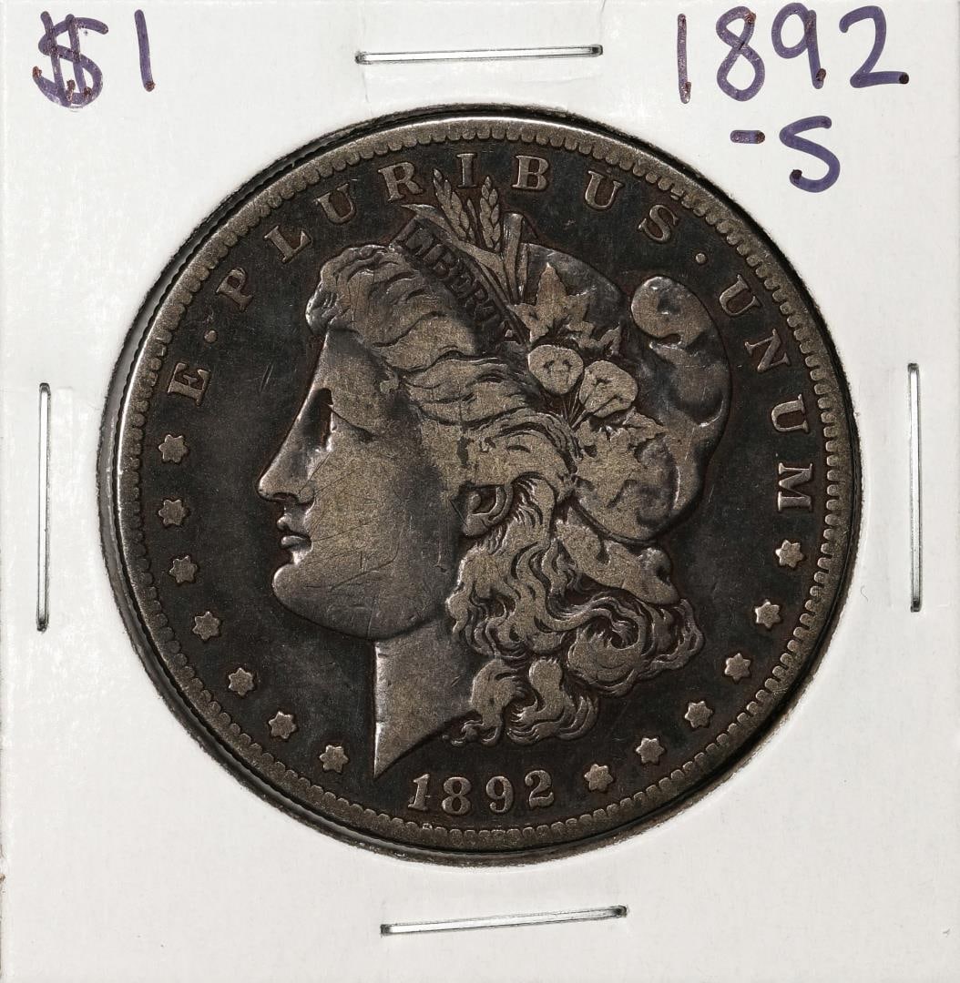 1892-S $1 Morgan Silver Dollar Coin: One 1892-S $1 Morgan Silver Dollar Coin.