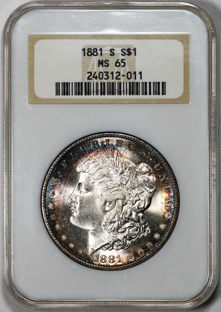 1881-S $1 Morgan Silver Dollar Coin NGC MS65 Old Fatty Holder Nice Toning: One 1881-S $1 Morgan Silver Dollar Coin NGC MS65 Old Fatty Holder Nice Toning. NGC Certified.