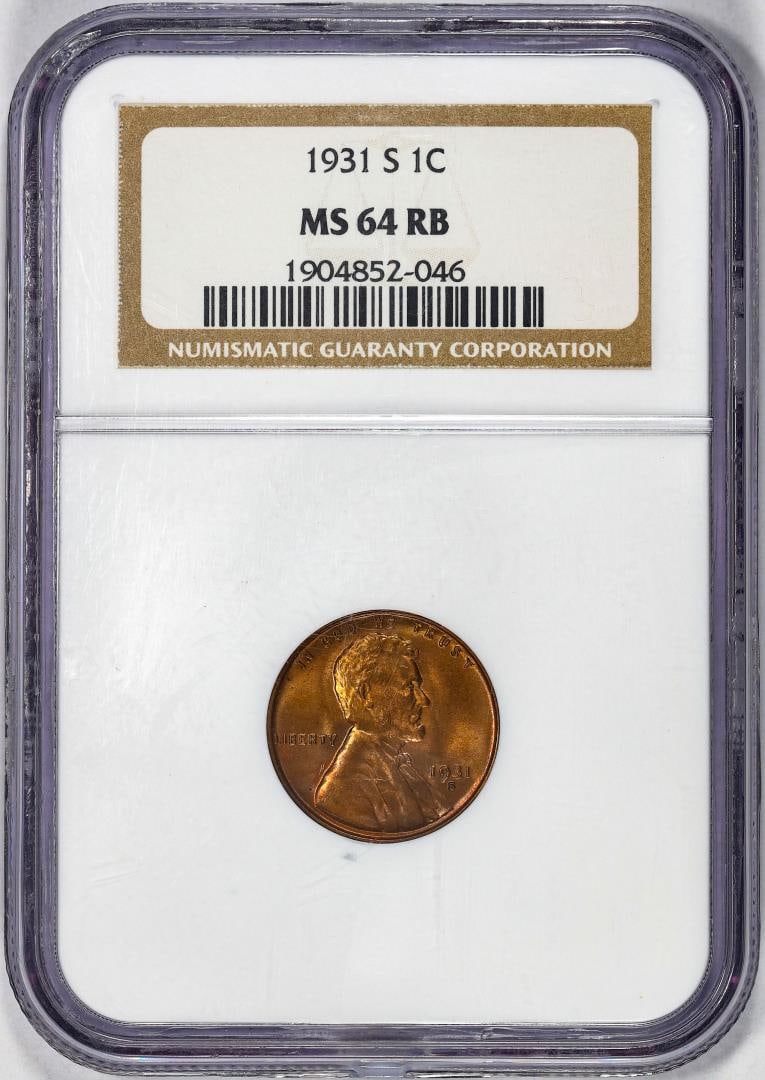 1931-S Lincoln Wheat Cent Coin NGC MS64RB: One 1931-S Lincoln Wheat Cent Coin NGC MS64RB.