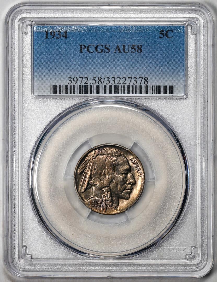 1934 Buffalo Nickel Cent Coin PCGS AU58 Nice Toning: One 1934 Buffalo Nickel Cent Coin PCGS AU58 Nice Toning. PCGS Graded.