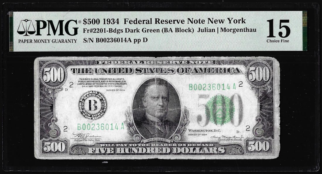 1934 $500 Federal Reserve Note New York Fr.2201-B PMG Choice Fine 15: One 1934 $500 Federal Reserve Note New York Fr.2201-B PMG Choice Fine 15. PMG Certified.