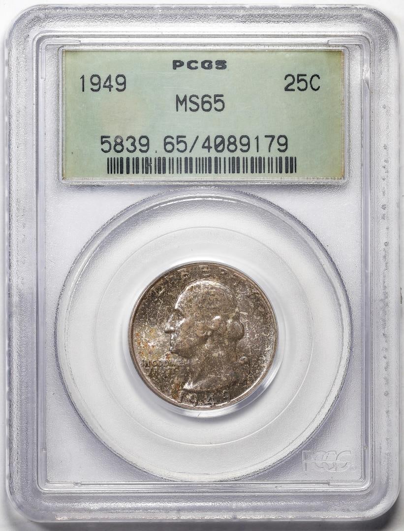 1949 Washington Quarter Coin PCGS MS65 Old Green Holder: One 1949 Washington Quarter Coin PCGS MS65 Old Green Holder. PCGS Graded.