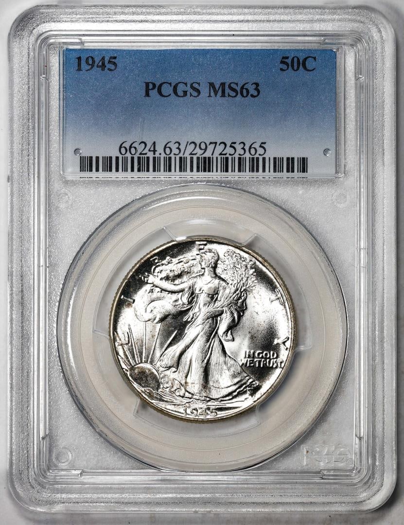 1945 Walking Liberty Half Dollar Coin PCGS MS63: One 1945 Walking Liberty Half Dollar Coin PCGS MS63. PCGS Graded.