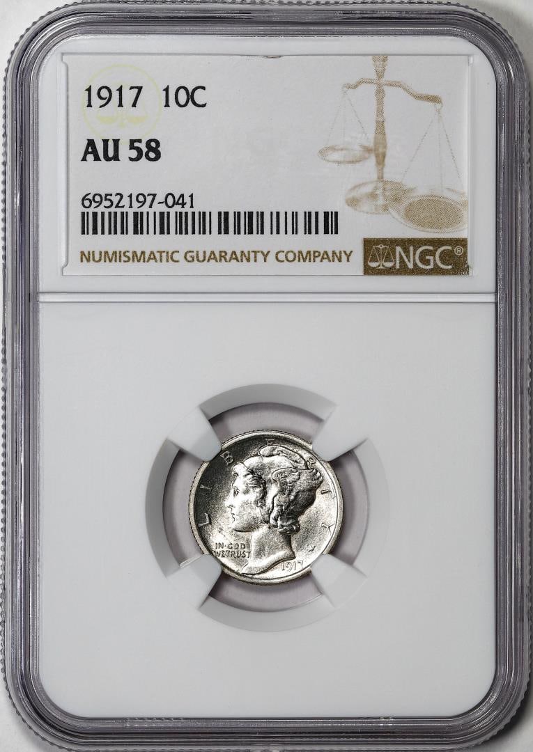 1917 Mercury Dime Coin NGC AU58: One 1917 Mercury Dime Coin NGC AU58. NGC Certified.