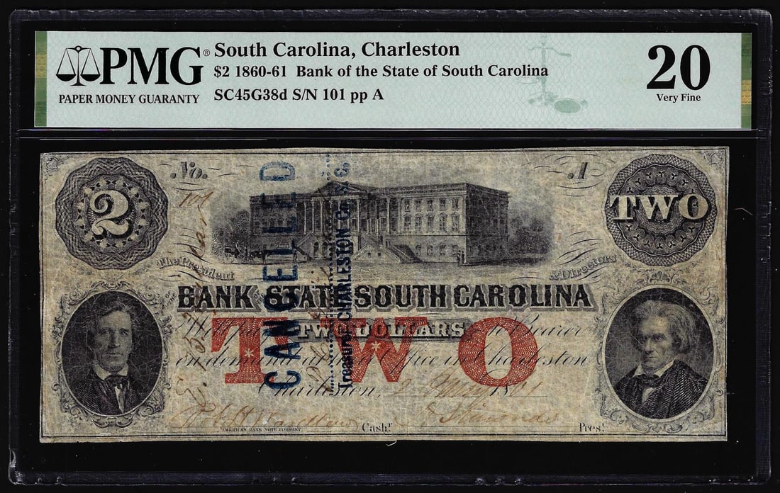 1860-61 $5 Bank of the State of South Carolina Obsolete Note SC45G38d PMG Very Fine 20: One 1860-61 $5 Bank of the State of South Carolina Obsolete Note SC45G38d PMG Very Fine 20. PMG Certified.
