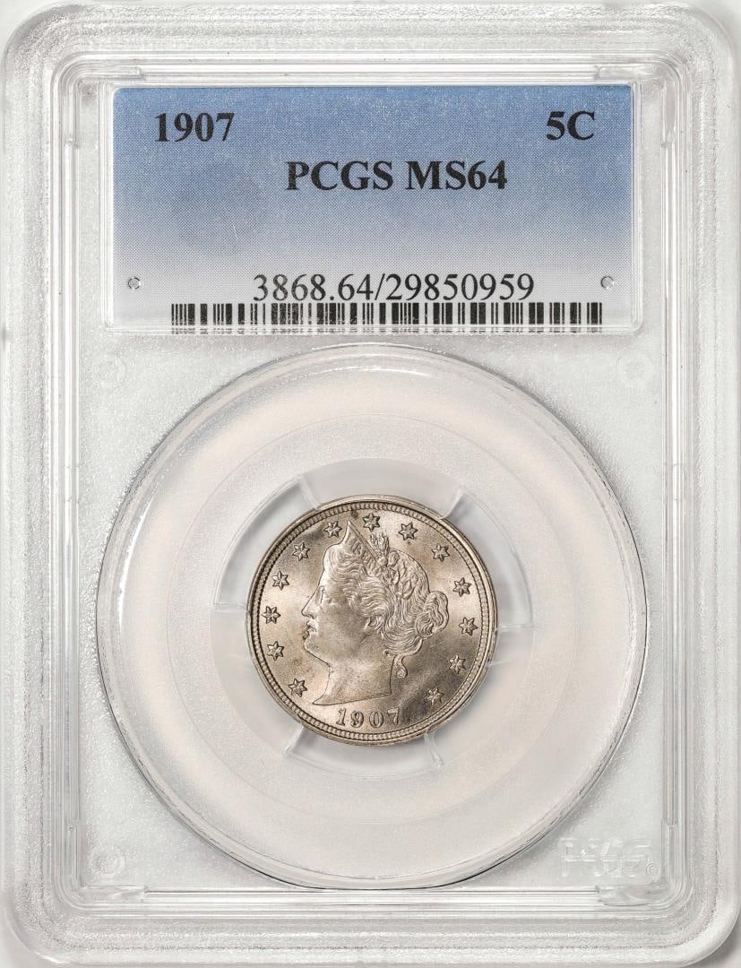 1907 Liberty V Nickel Coin PCGS MS64: One 1907 Liberty V Nickel Coin PCGS MS64. PCGS Graded.
