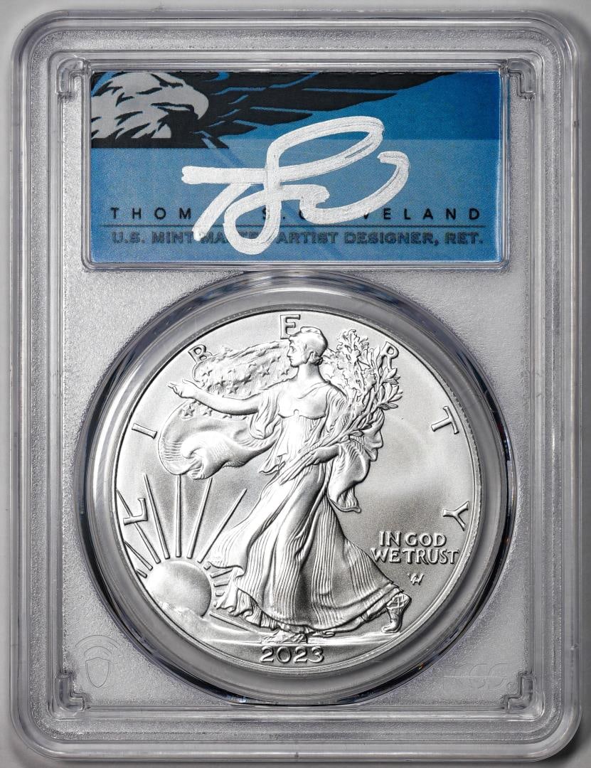 2023 $1 American Silver Eagle Coin PCGS MS70 First Day of Issue Cleveland Signature: One 2023 $1 American Silver Eagle Coin PCGS MS70 First Day of Issue Cleveland Signature. PCGS Graded.