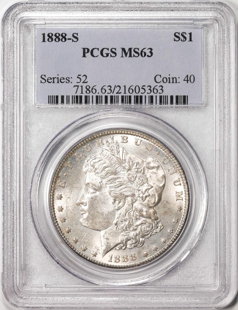 1888-S $1 Morgan Silver Dollar Coin PCGS MS63: One 1888-S $1 Morgan Silver Dollar Coin PCGS MS63. PCGS Graded.