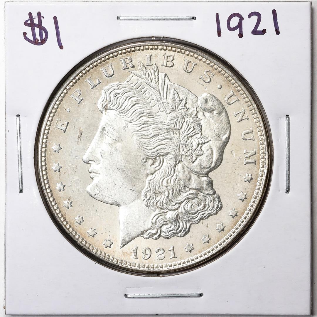 1921 $1 Morgan Silver Dollar Coin: One 1921 $1 Morgan Silver Dollar Coin.