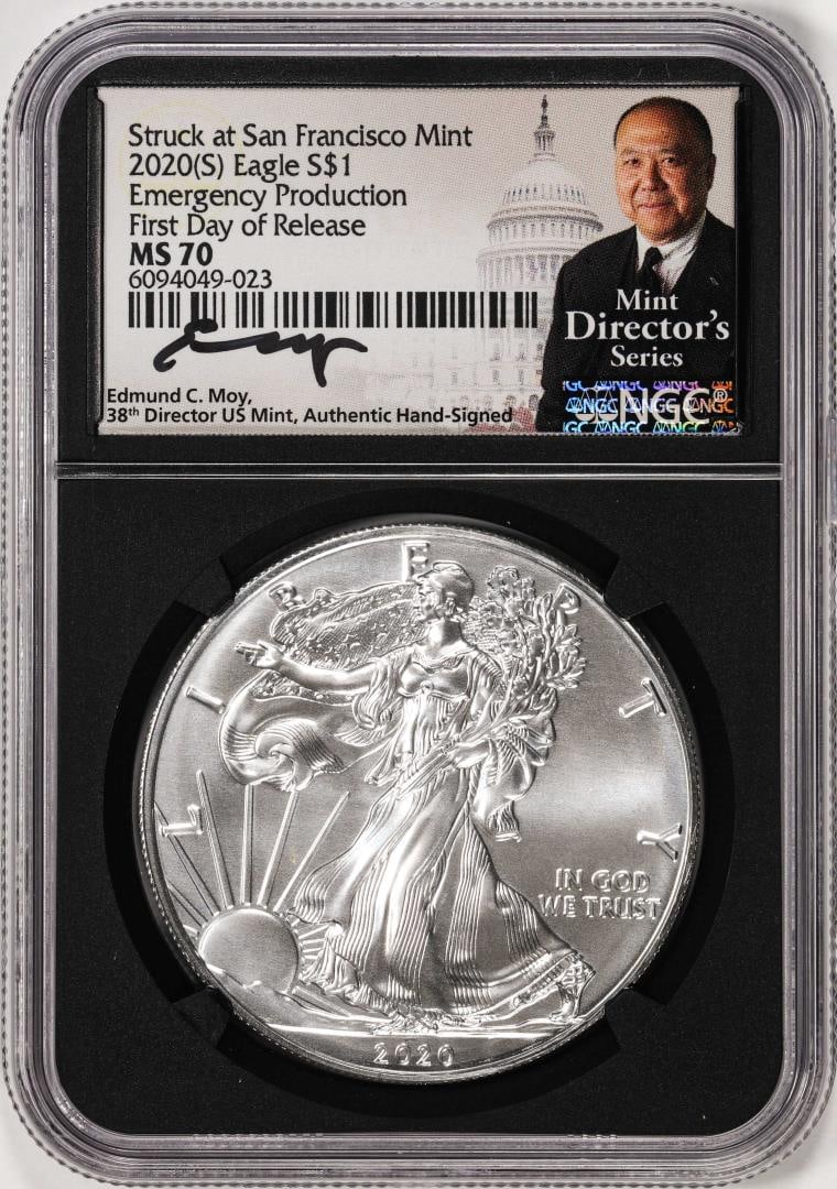 2020(S) $1 American Silver Eagle Coin NGC MS70 First Day of Release Moy Signature: One 2020(S) $1 American Silver Eagle Coin NGC MS70 First Day of Release Moy Signature. NGC Certified.