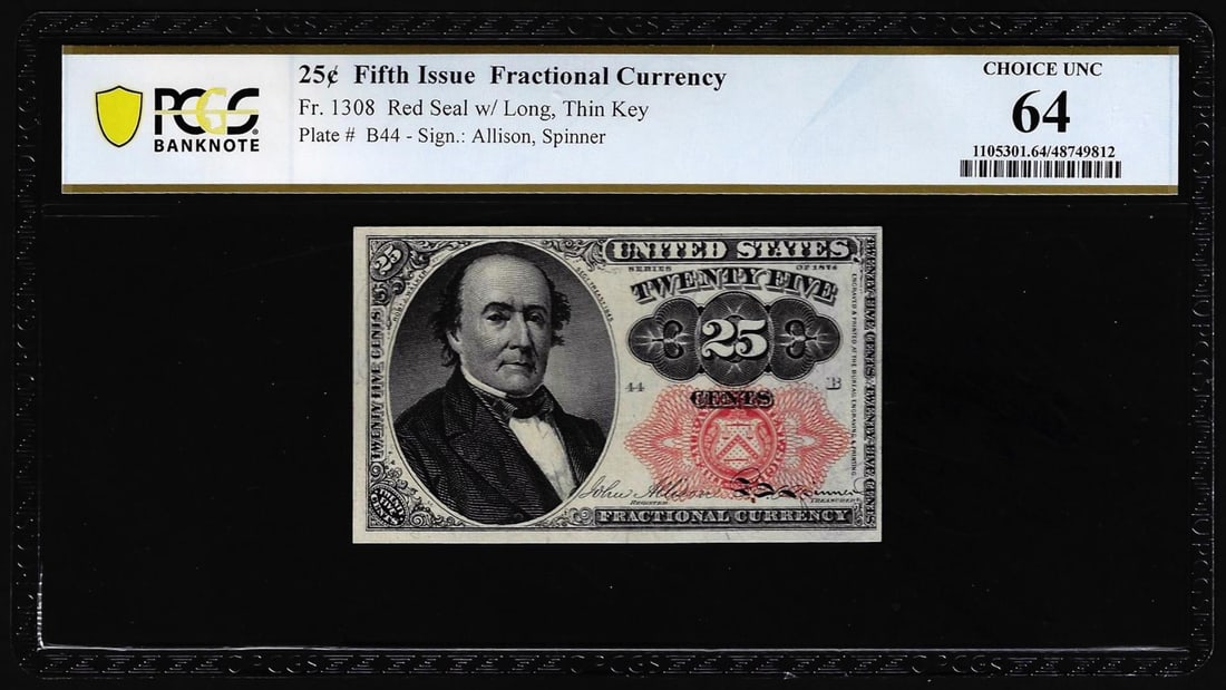 1874 Fifth Issue Twenty-Five Cents Fractional Currency Note Fr.1308 PCGS Choice Unc 64: One 1874 Fifth Issue Twenty-Five Cents Fractional Currency Note Fr.1308 PCGS Choice Unc 64. PCGS Graded.