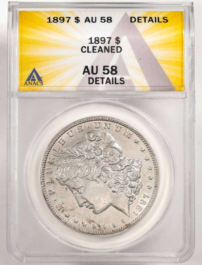 1897 $1 Morgan Silver Dollar Coin ANACS AU58 Details Cleaned: One 1897 $1 Morgan Silver Dollar Coin ANACS AU58 Details Cleaned. ANACS Certified.