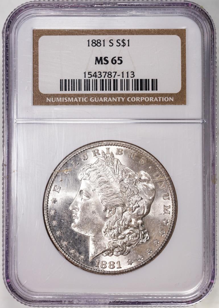 1881-S $1 Morgan Silver Dollar Coin NGC MS65: One 1881-S $1 Morgan Silver Dollar Coin NGC MS65. NGC Certified.