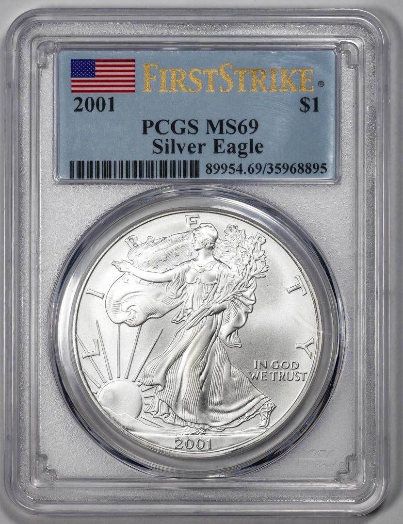 2001 $1 American Silver Eagle Coin PCGS MS69 First Strike: One 2001 $1 American Silver Eagle Coin PCGS MS69 First Strike. PCGS Graded.