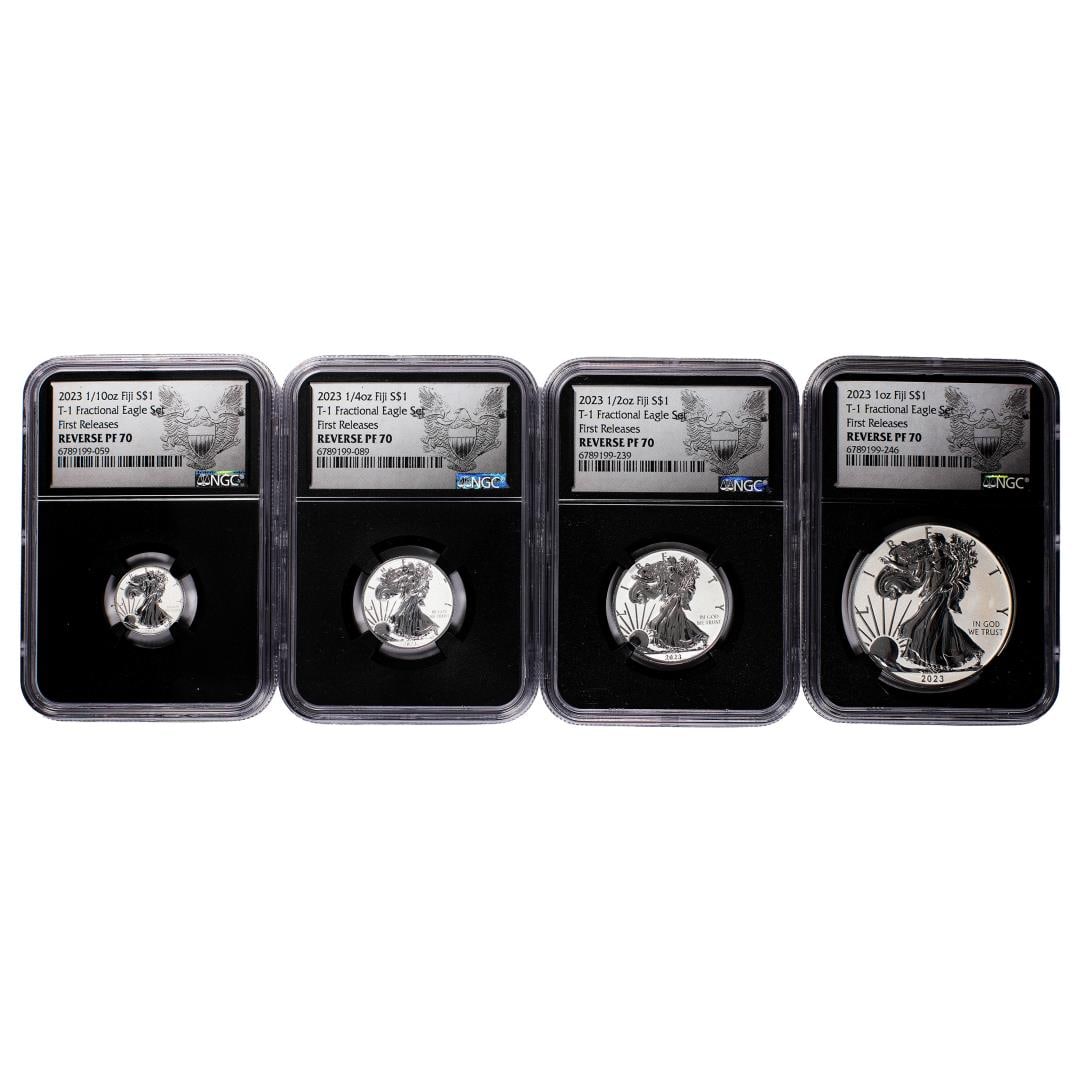 2023 Fiji Type 1 $1 Proof Fractional Silver Eagle Set NGC Reverse PF70: One 2023 Fiji Type 1 $1 Proof Fractional Silver Eagle Set NGC Reverse PF70. NGC Certified.