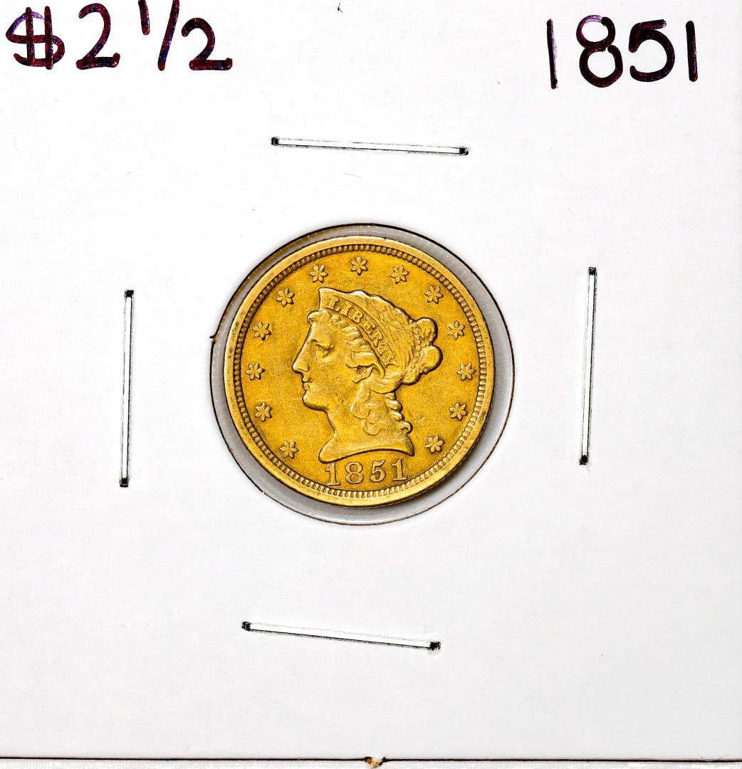 1851 $2 1/2 Liberty Head Quarter Eagle Gold Coin: One 1851 $2 1/2 Liberty Head Quarter Eagle Gold Coin.
