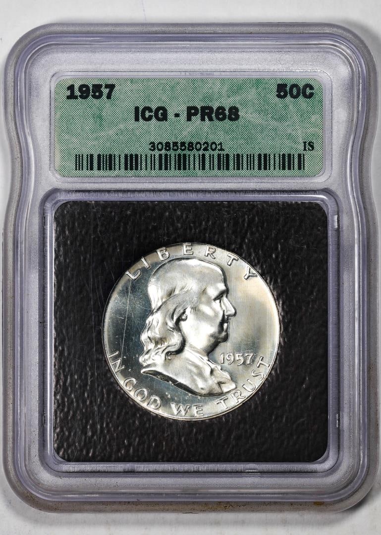 1957 Proof Franklin Half Dollar Coin ICG PR68: One 1957 Proof Franklin Half Dollar Coin ICG PR68. ICG Certified.