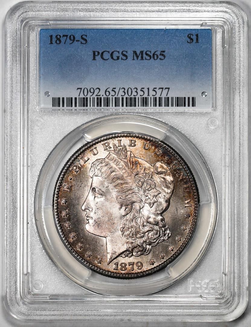 1879-S $1 Morgan Silver Dollar Coin PCGS MS65 Nice Toning: One 1879-S $1 Morgan Silver Dollar Coin PCGS MS65 Nice Toning. PCGS Graded.
