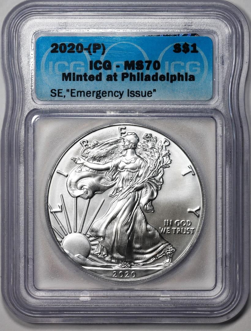 2020-(P) $1 American Silver Eagle Coin ICG MS70 Emergency Issue Philadelphia Mint: One 2020-(P) $1 American Silver Eagle Coin ICG MS70 Emergency Issue Philadelphia Mint. ICG Certified.