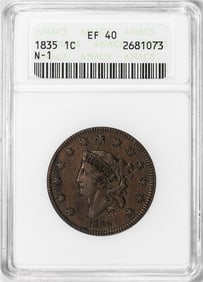 2) 1835 N-1 Coronet Head Large Cent Coin ANACS EF40