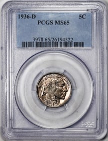 7) 1936-D Buffalo Nickel Cent Coin PCGS MS65