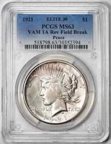 8) 1921 Vam 1A Reverse Field Break $1 Peace Silver Dollar Coin PCGS MS63 Elite 30