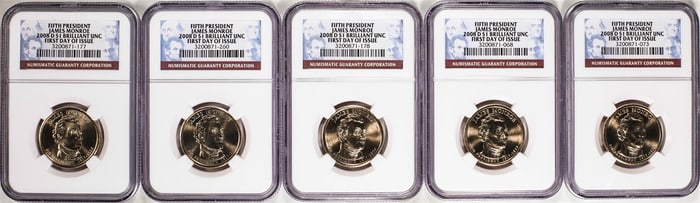 17) Lot of (5) 2008-D $1 James Monroe Presidential Dollar Coins NGC Brilliant Uncirculated