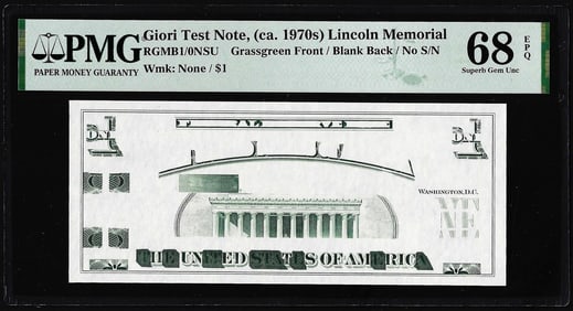 18) Circa 1970's Lincoln Memorial Giori Test Note PMG Superb Gem Uncirculated 68EPQ