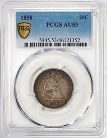 22) 1858 Seated Liberty Quarter Coin PCGS AU53