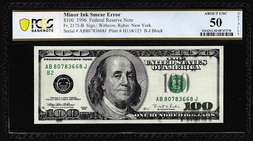 24) 1996 $100 Federal Reserve Note Minor Ink Smear Error PCGS About Unc 50 Details