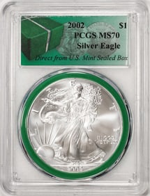 31) 2002 $1 American Silver Eagle Coin PCGS MS70 Direct From U.S. Mint Sealed Box