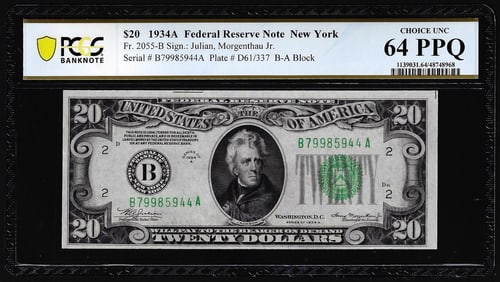 34) 1934A $20 Federal Reserve Note New York Fr.2055-B PCGS Choice Uncirculated 64PPQ