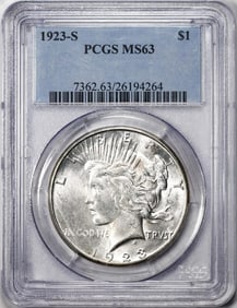 38) 1923-S $1 Peace Silver Dollar Coin PCGS MS63