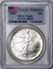 39) 1994 $1 American Silver Eagle Coin PCGS MS69 First Strike