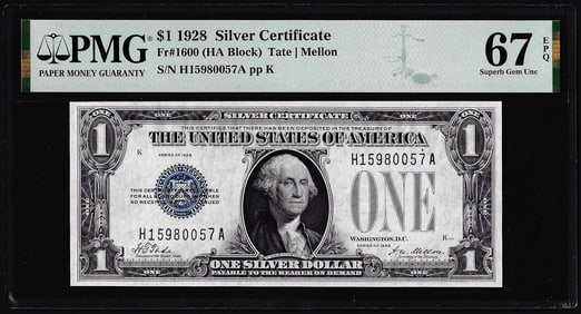 40) 1928 $1 Funnyback Silver Certificate Note Fr.1600 PMG Superb Gem Uncirculated 67EPQ